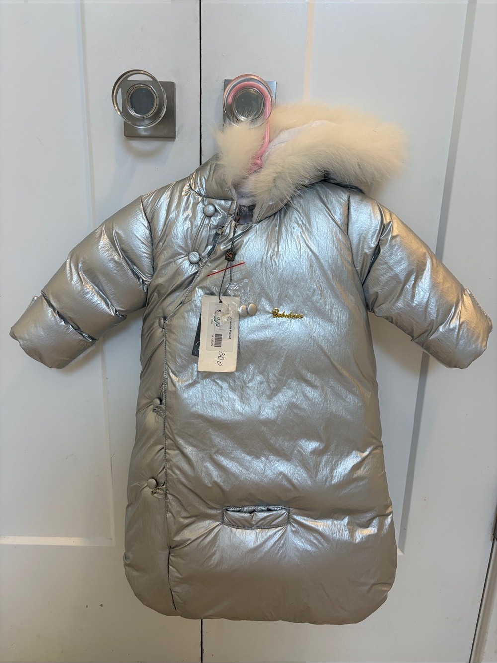 bebebon Silver Metallic Puffer bunting Coat with  Fur Trim